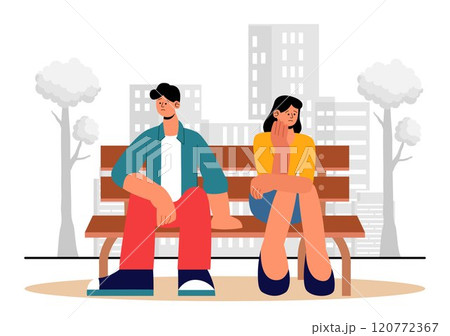 Relationship Tension Vector Illustration featuring a Young Couple Arguing and Sitting Separately, Expressing Disagreement in a Flat Cartoon Background 120772367