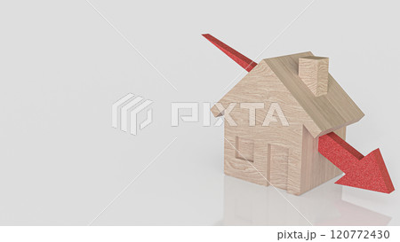 The Wood house and red arrow down for property or building concept 3d rendering. 120772430