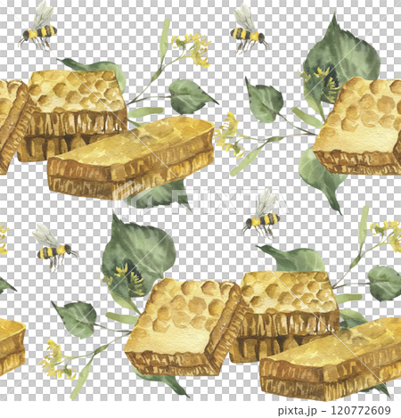 Organic honey seamless pattern with watercolor honeycomb slices, green linden leaves and flying bees. Hand drawn background with insects and sweet snack for fabric, textile and packing design 120772609