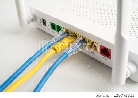 Ethernet cable with wireless router connect to internet service provider internet network. 120772813