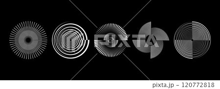 Radial spinning spiral pattern set. Rotating circle sound wave concepts. Circular speed line form collection. Abstract sunburst ray and beam design element for icon, badge, logo, tag, label. Vector 120772818