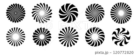 Set of black circle rotating rays and beams. Radial sunburst element pack. Round spinning swirls, stars, wheels and twirls pack. Illustration bundle for banner, badge, sticker, poster, logo. Vector 120772820