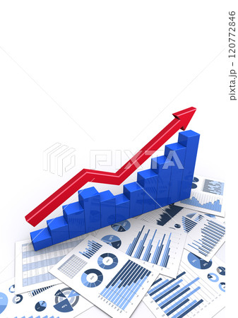 V字回復する3Dの矢印と棒グラフとビジネス資料 120772846