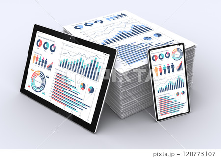 モバイル端末と山積みされたビジネス資料、事業戦略の構築やデータ分析のイメージ 120773107