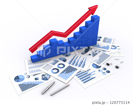 上昇する3Dの矢印と棒グラフとビジネス資料 120773114