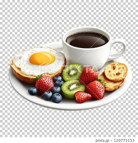Colorful Breakfast Spread with Coffee Cup and Fresh Fruits on Plate 120773153