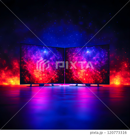 Colorful Abstract Display with Dual Monitors in Cosmic Background Colorful Abstract Display with Dual Monitors in Cosmic Background 120773316