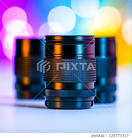Close-up View of Camera Lenses on Colorful Background Close-up View of Camera Lenses on Colorful Background 120773317