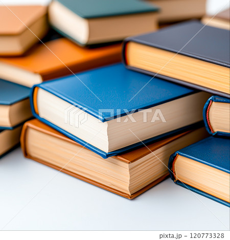 Colorful Stacked Books with Leather Covers on White Background Colorful Stacked Books with Leather Covers on White Background 120773328