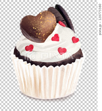 Hand-drawn illustration of a cupcake decorated with hearts 120773380