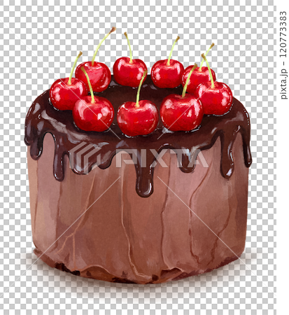 さくらんぼの乗ったチョコレートホールケーキの手描きイラストの
