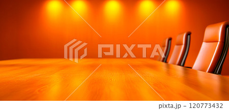 Modern Conference Room with Orange Walls and Wooden Table 120773432
