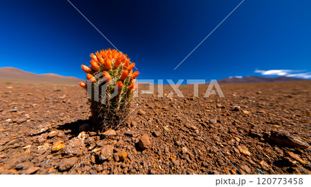 Vibrant Cactus Blooming Against Bright Blue Desert Sky Vibrant Cactus Blooming Against Bright Blue Desert Sky 120773458