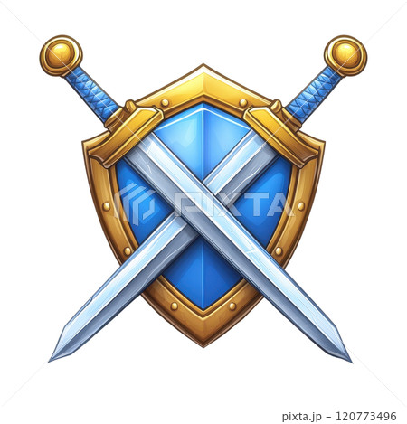 Crossed Swords Icon with Shield Background Depicting a Heraldic Knight Emblem Crossed Swords Icon with Shield Background Depicting a Heraldic Knight Emblem 120773496