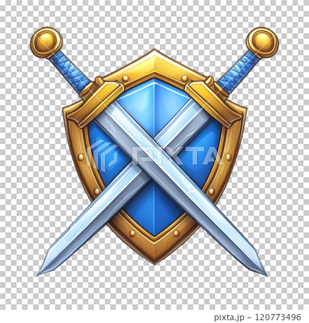 Crossed Swords Icon with Shield Background Depicting a Heraldic Knight Emblem Crossed Swords Icon with Shield Background Depicting a Heraldic Knight Emblem 120773496