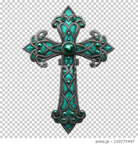 Elegant Celtic Cross Icon with Emerald Green Accents and Ornate Details Elegant Celtic Cross Icon with Emerald Green Accents and Ornate Details 120773497