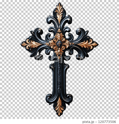 Ornate 3D Decorative Cross Icon with Shadows and Detailed Carving Ornate 3D Decorative Cross Icon with Shadows and Detailed Carving 120773506