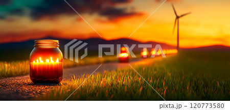 Tranquil Sunset Road with Candles and Wind Turbines in Horizon Tranquil Sunset Road with Candles and Wind Turbines in Horizon 120773580