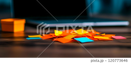 Colorful sticky notes scattered on wooden desk near laptop 120773646