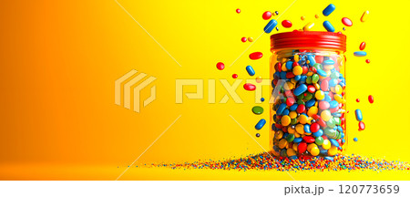 Colorful Candy Jar with Sprinkles and Bright Yellow Background 120773659