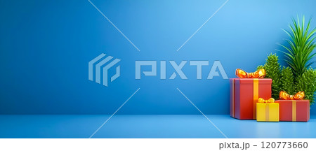 Colorful Gift Boxes and Decor on Blue Background for Celebration 120773660