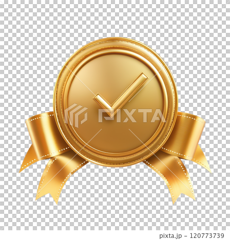 Gold Ribbon Icon with Checkmark Luxurious and Elegant Award Stamp of Approval and Validation Gold Ribbon Icon with Checkmark Luxurious and Elegant Award Stamp of Approval and Validation 120773739