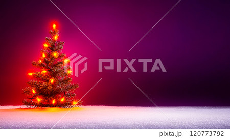 Beautifully Lit Christmas Tree on Snowy Surface with Purple Background Beautifully Lit Christmas Tree on Snowy Surface with Purple Background 120773792