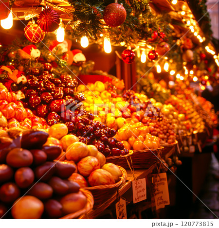 Colorful Fresh Fruits and Decorations at Holiday Market Stall 120773815