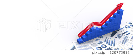 V字回復する3Dの矢印と棒グラフとビジネス資料 120773952