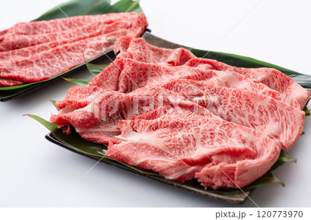 すき焼きや鉄板焼き用の黒毛和牛の肩ロース肉ともも肉 120773970