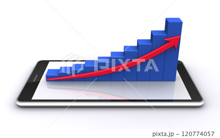上昇する3Dの棒グラフとスマートフォン、好業績のイメージ 120774057