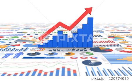 上昇する3Dの矢印と棒グラフ、V字回復のイメージ 120774059