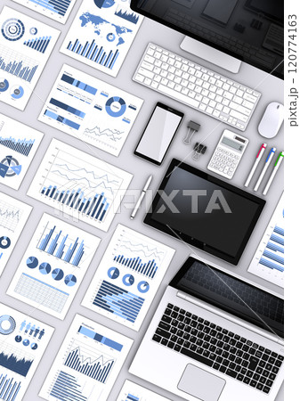 ビジネス資料とコンピュータ機器が並んだ俯瞰テーブル、ビジネス戦略の検討イメージ ビジネス資料とコンピュータ機器が並んだ俯瞰テーブル、ビジネス戦略の検討イメージ 120774163