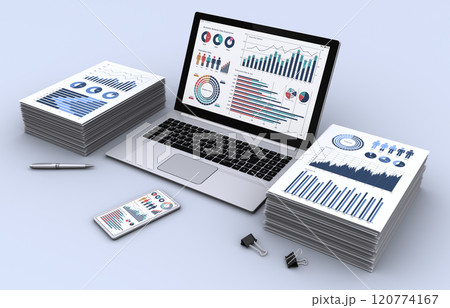 ノートパソコンとスマートフォンと山積みされたビジネス資料、事業戦略の構築やデータ分析のイメージ 120774167