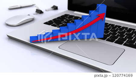 ノートパソコンと上昇する3Dのグラフ、ビジネスの業績イメージ 120774169