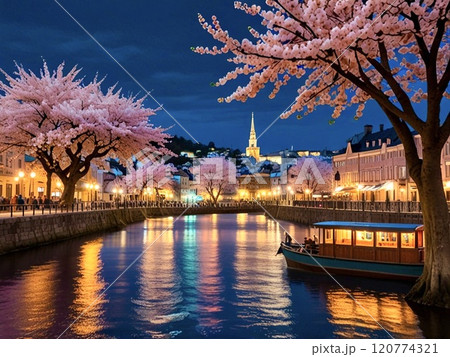 桜が満開の夜のヨーロッパの港町 桜が満開の夜のヨーロッパの港町 120774321