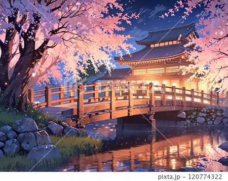 ライトアップされた満開の桜と日本建築 ライトアップされた満開の桜と日本建築 120774322