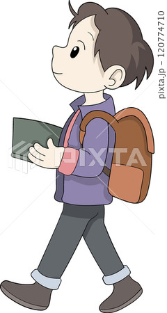 Young Male Student Walking With A Book And Backpack Illustration 120774710