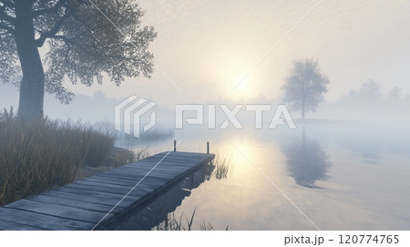 幻想的な日の出と静かな湖の霧 幻想的な日の出と静かな湖の霧 120774765
