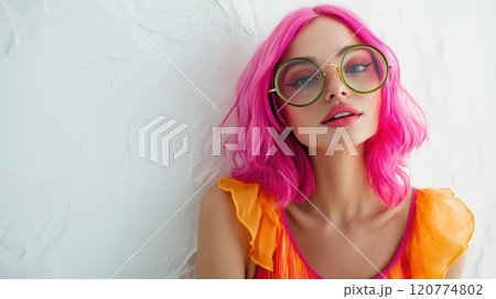 A woman with vibrant pink hair and large round glasses stands confidently in a neon-colored dress 120774802