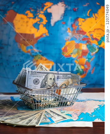 Global Marketplace, a basket with dollars near the trading table on world map. AI Generated. Global Marketplace, a basket with dollars near the trading table on world map. AI Generated. 120774849
