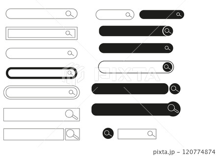 Search bar finder, modern frame text box, form with magnifier, interface Menu ui design element. Simple banner, site border. 120774874