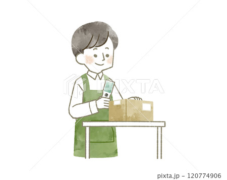 ハンディターミナルを持って仕事をしているエプロンを着用した男性-水彩 120774906