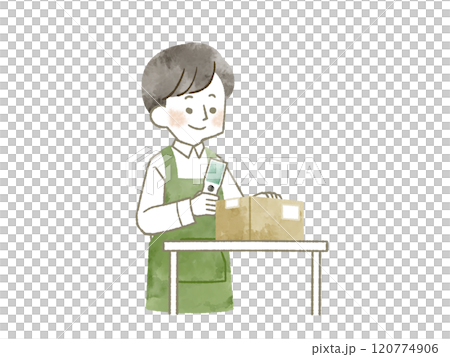 一名身穿圍裙的男子使用手持終點 — 水彩 120774906