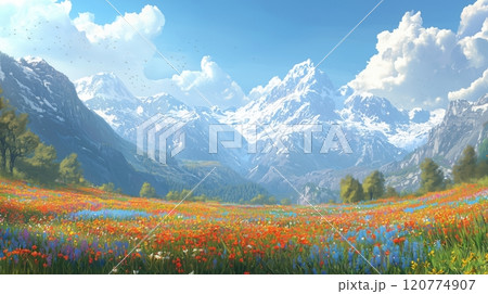 人里離れた花畑と青い山脈の遠景 120774907