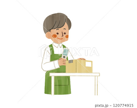 ハンディターミナルを持って仕事をしているエプロンを着用した男性-ガッシュ ハンディターミナルを持って仕事をしているエプロンを着用した男性-ガッシュ 120774915