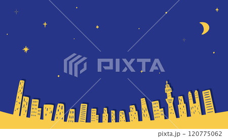 都会の街並み、ビルと夜景の背景フレーム、紺色と黄色、シンプルでかわいい手描きのイラスト 都会の街並み、ビルと夜景の背景フレーム、紺色と黄色、シンプルでかわいい手描きのイラスト 120775062