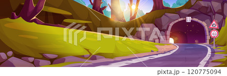Forest landscape with winding mountain road tunnel Forest landscape with winding mountain road tunnel 120775094