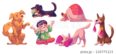 Cute playful dogs and child set isolated on white 120775123