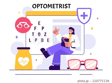Optometrist Vector Illustration featuring an Ophthalmologist Examining a Patient's Vision, Optical Eye Tests, and Advanced Spectacles Technology 120775136